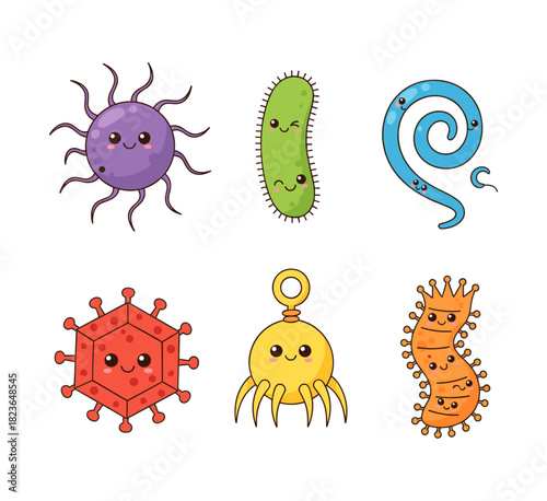 Cartoon microbes characters showing funny and friendly faces