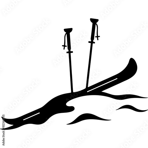 Ski poles stuck in a snowdrift next to skis. Engraving minimalistic vector in black ink drawing on transparent background