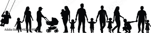 Family silhouettes of parents and children walking, playing, swinging, and bonding outdoors, showcasing togetherness, parenting, childhood moments, and happy family lifestyle
