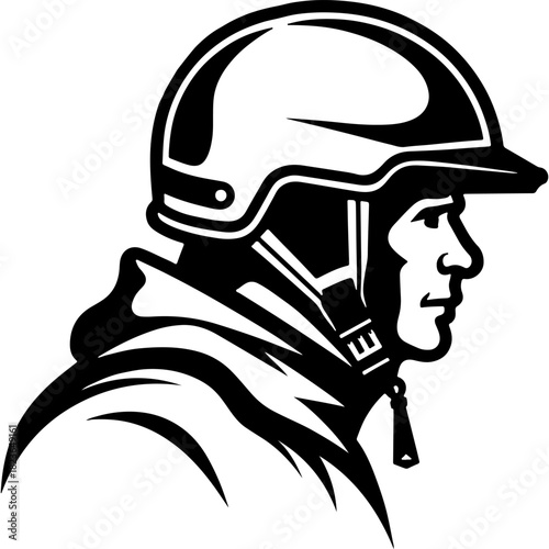 Sketchy emblem of mountain rescuer face in protective gear side view. Engraving minimalistic vector in black ink drawing on transparent background
