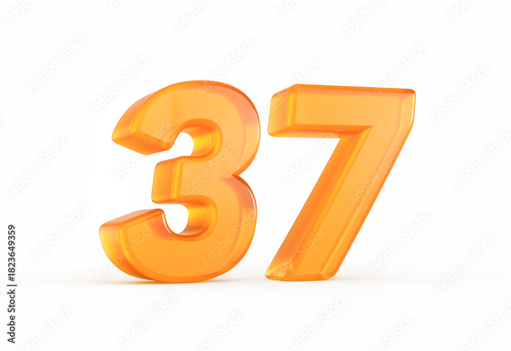 Fototapeta premium Modern orange number 37 with reflective sheen and curved contours. 3D illustration.