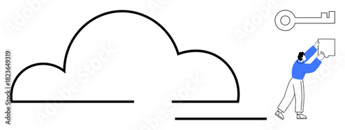 Cloud security concept. Cloud security d by a digital key and a figure managing data. Cloud security ensuring safe storage and access. For IT, data management, and tech solutions. cybersecurity, data