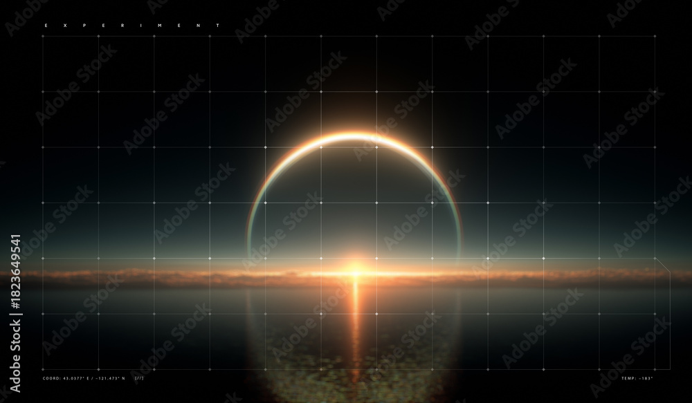 Obraz premium Rising arc of radiant eclipse above calm horizon. Concept of immersive UI backgrounds, metaverse dashboards, AR and VR visual layers, and futuristic holographic interface systems.