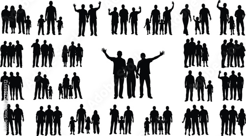Family silhouettes of parents and children, diverse group poses, unity, togetherness, walking, standing, waving, generational bond, community illustration