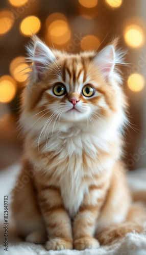 Cute Fluffy Kitten Portrait — Adorable Ginger Cat, Soft Bokeh Lights, Cozy Pet Photography Style