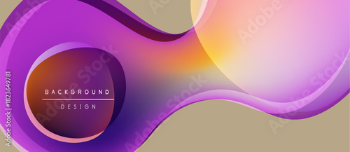 Abstract fluid shapes, vibrant colors blend. Background design features purple, orange, pink hues over beige surface. Modern aesthetic.