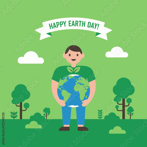 A person holding the Earth, celebrating Happy Earth Day with a green background.