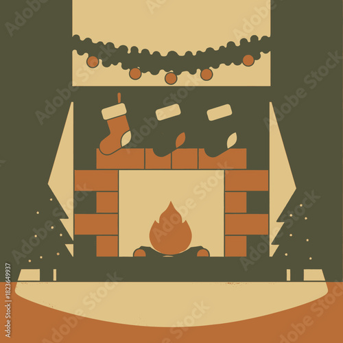 A cozy, flat-design illustration of a Christmas fireplace with stockings, a burning fire, and festive garland.