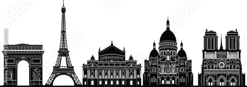 Paris landmark silhouettes including Eiffel Tower, Arc de Triomphe, Notre Dame, Sacré-Cœur, opera building, famous architecture, French city skyline illustration