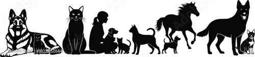 Pet animal silhouettes including dogs, cats, horse and human interaction, domestic animals illustration, pet care concept, animal companionship artwork design