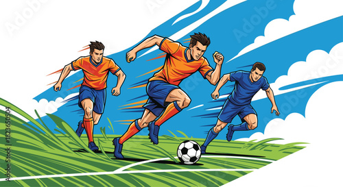 Dynamic soccer players sprinting to score the winning goal on a vibrant green field under a blue sky perfect for sports campaigns