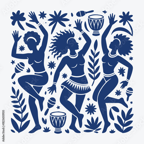 Folk Art Tribal Dancers with Tropical Elements and Musical Instruments.