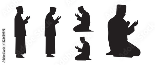 “Islamic Prayer Silhouettes Set, Muslim Men Performing Salat/Namaz in Various Positions, Kneeling and Rakat Sequence, Black and White Vector Illustration”Web