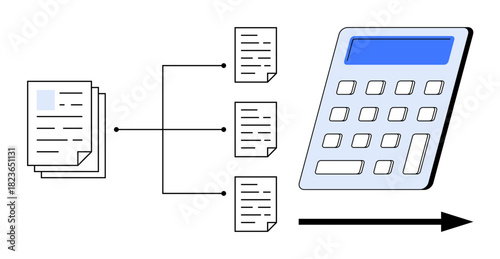 Documents grouped and organized into smaller sets leading to a calculator, showcasing data processing. Ideal for accounting, analytics, finance, automation, workflow, organization, simple flat