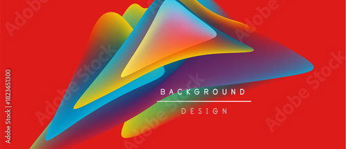 Abstract fluid shapes overlap, vibrant colors blend. Red background emphasizes dynamic design elements. Modern aesthetic.