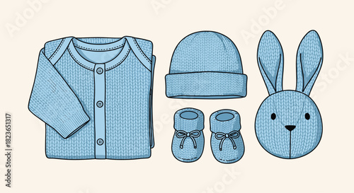Adorable blue knitted baby set illustration for newborn essentials and cute baby shower gifts projects, perfect for baby announcement cards