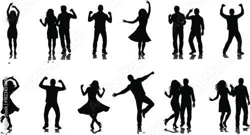 Silhouettes of people dancing in various energetic poses, party celebration dance collection, joyful movement illustration, modern dancer silhouettes, festive lifestyle activity
