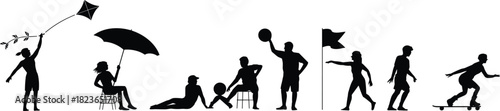 Silhouettes of people enjoying outdoor activities, playing sports, relaxing at the beach, flying kite, skateboarding, summer leisure lifestyle vector illustration