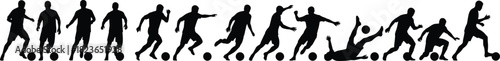 Soccer player silhouettes showing kicking, dribbling, running, shooting, and ball control movements, illustrating football action poses, sports training, athletic motion,