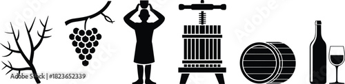 Winemaking process icons, vineyard grapes, grape harvesting, wine press machine, oak barrel storage, wine bottle and glass illustration for production concept