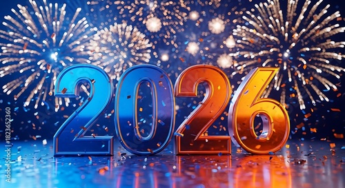 Shiny 2026 New Year Celebration with Fireworks and Confetti Festive Holiday Background Image for Greeting Cards and Party Invitations