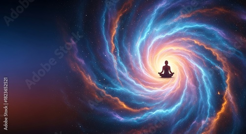 Silhouette of Person Meditating in Bright Cosmic Spiral with Colorful Nebula and Stars