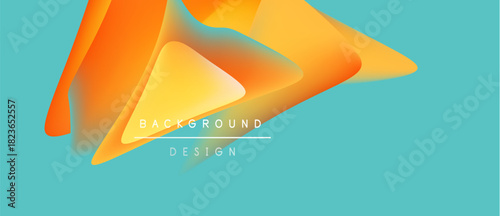 Abstract fluid shapes overlap, creating vibrant orange, yellow gradients. Teal background complements design elements. Modern, dynamic composition.