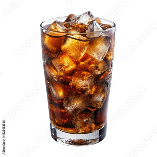 Glass of cold cola soda with ice cubes isolated on transparent background