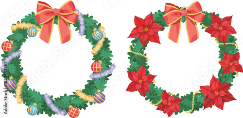 Christmas wreaths message frame with red bows ornaments ribbons  poinsettia gold beads set