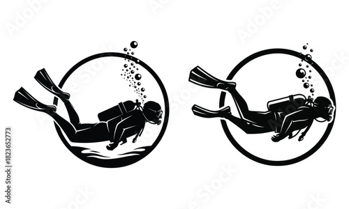 Scuba diver silhouettes in circular frames and ocean bubbles