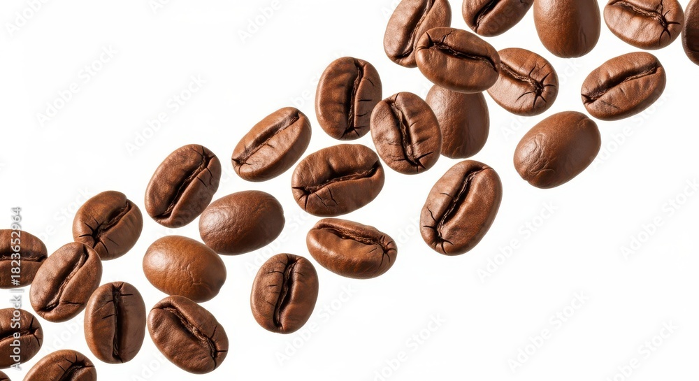 Obraz premium Falling coffee beans isolated on white background, clipping path, full depth of field