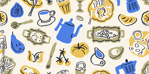 Doodle food, seamless pattern. Endless hand-drawn background design with coffee, breakfast snacks and drinks sketches. Repeating print, texture in Dolce Vita scribble style. Vector illustration