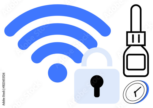wireless signal with padlock symbolizing secure network, key for access, and clock hinting timed access control. Ideal for data security, privacy, technology, cybersecurity, networks, protection
