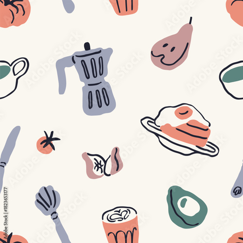 Breakfast food and drink, seamless doodle pattern. Endless background design, repeating print with moka pot, coffee, avocado, pancakes, kitchen utensils. Dolce Vita texture. Drawn vector illustration