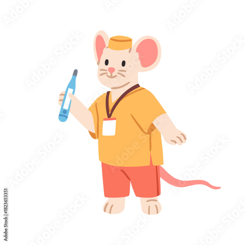 Mouse doctor character. Cute animal in medical scrubs holding thermometer. Pediatric medic, healthcare worker. Pediatrician in uniform. Flat vector illustration isolated on white background