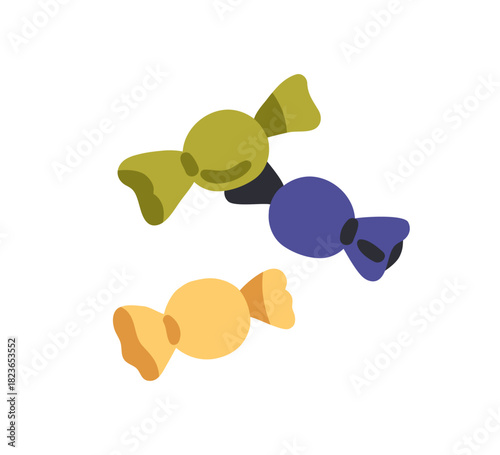 Candies, sweets in wrapper. Round bonbons, caramel drops flying in wrapping. Tasty confectionery treats. Wrapped sweetmeats, suckers, sugar snack. Flat vector illustration isolated on white background