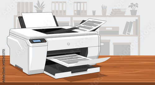 Efficient office printer churning out crisp documents on a wooden desk with stylish shelf backdrop for presentations and modern tech marketing