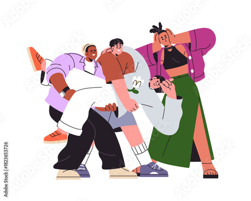 Happy friends group posing together for photo. Young men and women smiling with fun and joy. Laughing funny diverse people team portrait. Flat vector illustration isolated on white background