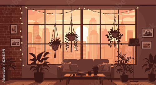 Cozy living room with city view and indoor plants creating a relaxing urban oasis, perfect for lifestyle blogs or modern interior design concepts
