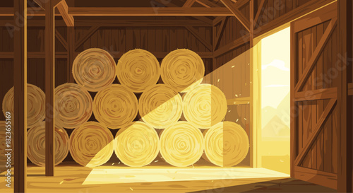 Golden light streams into barn filled with hay bales, perfect for rustic charm, farm life, or agricultural themes in your next project