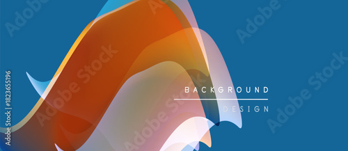 Abstract flowing shapes, vibrant colors, modern design. Blue background complements orange, pink gradients. Minimalist text overlay present.