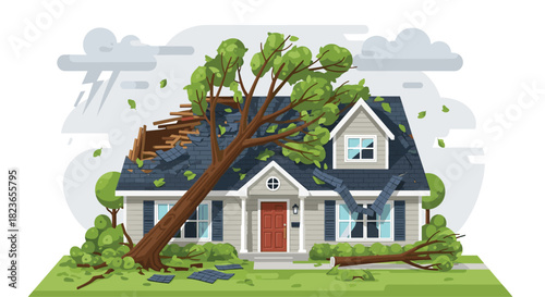 Storm damage to house and property with tree fallen on roof and broken window after severe weather hits residential neighborhood