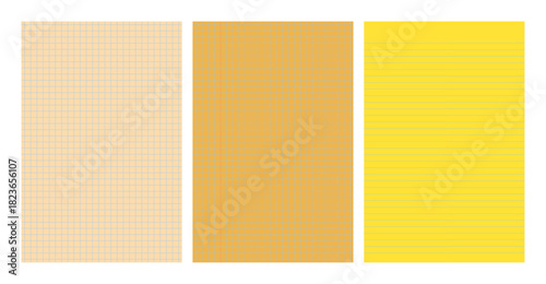 Set of yellow legal pad pages with lined or grid designs
