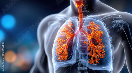 human lungs silhouette with glowing effect, lung pain and disease concept, medical illustration with space for text, healthcare and respiratory treatment