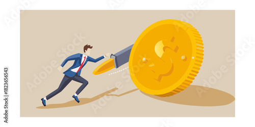 Businessman pushing a giant coin up a steep hill