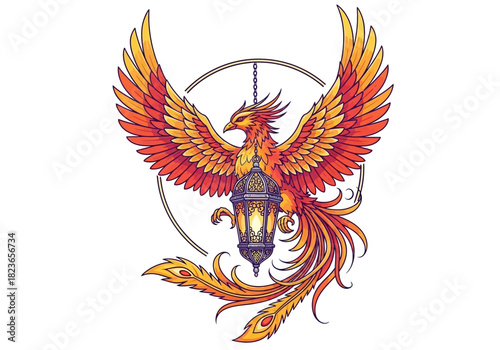 Vibrant illustration of a phoenix bird with outstretched wings, holding a lantern, against a circular background with warm, fiery tones.