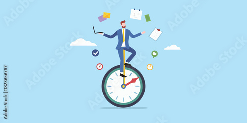 Businessman balancing on a clock with tasks floating around him