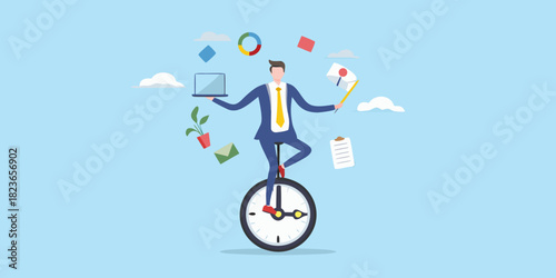 Businessman juggling tasks while riding a unicycle clock