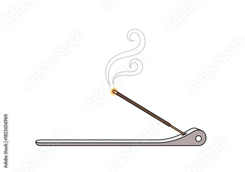 Illustration of a burning incense stick in a metal holder with smoke rising against a plain white background.