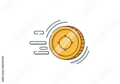 Illustration of a gold coin with motion lines on a white background, conveying financial growth and success.